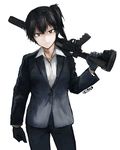  alternate_costume artist_name black_eyes black_hair contrapposto ergot expressionless formal gloves gun holding holding_gun holding_weapon jewelry kaga_(kantai_collection) kantai_collection looking_at_viewer necklace payday_(series) payday_2 remington_870 serious shirt shotgun side_ponytail standing suit weapon white_background 