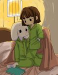  anthro arm_around_back asriel_dreemurr bed bedroom book caprine chara_(undertale) child clothed clothing cub cute female fur goat human male male/female mammal pajamas semi undertale video_games white_fur young 