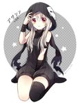  bangs between_legs cosplay dress fate/kaleid_liner_prisma_illya fate_(series) full_body grey_hair hair_between_eyes hand_between_legs hood illyasviel_von_einzbern long_hair looking_at_viewer parted_lips plurk_username polka_dot polka_dot_background red_eyes ribbed_sweater seiza sidelocks single_thighhigh sitting solo star sweater sweater_dress thighhighs true_assassin true_assassin_(cosplay) yimu 