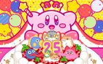  arms_up birthday birthday_cake blush_stickers cake candle cape chuchu_(kirby) commentary coo_(kirby) crown food gooey kine_(kirby) kirby kirby_(series) nago no_humans official_art pitch_(kirby) plate rick_(kirby) sitting smile solo star_rod strawberry_shortcake tongue tongue_out 