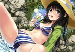  :d absurdres bangs bikini black_hair blue_bikini blue_eyes blue_sky blush braid breasts cloud cloudy_sky collarbone day diagonal_stripes drink drinking_straw dutch_angle eyebrows_visible_through_hair green_jacket hat highres huge_filesize jacket long_hair looking_at_viewer medium_breasts navel open_clothes open_jacket open_mouth original outdoors palm_tree partially_submerged rock scan side_braid sitting sky smile solo straw_hat striped striped_bikini swimsuit teeth tree unasaka_ryou 