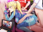  10s 1girl 2017 blonde_hair blue_eyes blush bottomless censored clothed_sex girl_on_top hand_on_another&#039;s_head metroid mole mole_under_mouth mosaic_censoring multiple_boys navel nintendo open_mouth penis ponytail samus_aran sex sweat through_clothes umayahara0130 vaginal zero_suit 