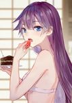  bakemonogatari bare_shoulders blue_eyes blurry blurry_background bra cake commentary eyebrows_visible_through_hair food fork from_side fruit highres long_hair looking_at_viewer monogatari_(series) ookamisama open_mouth purple_hair senjougahara_hitagi solo strawberry underwear underwear_only upper_body 