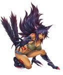  1girl animal_ears blush breasts claws cleavage fangs female full_body kanon_(taimanin_asagi) large_breasts lilith-soft monster_girl nobushito_kuro serious shiny shiny_skin short_shorts shorts solo squatting taimanin_(series) taimanin_asagi taimanin_rpgx tattoo underboob wolf_ears 