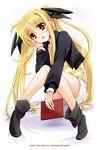  :d artist_name black_jacket black_legwear black_ribbon blonde_hair book collarbone eyebrows_visible_through_hair fate_testarossa full_body hair_ribbon head_tilt holding holding_book jacket jewelry kanna_(plum) long_hair looking_at_viewer lyrical_nanoha mahou_shoujo_lyrical_nanoha necklace open_clothes open_jacket open_mouth purple_eyes red_eyes ribbon shirt short_shorts shorts smile solo striped striped_shirt twintails white_background white_shorts 