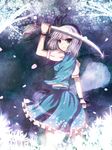  arm_up black_hairband blue_skirt cherry_blossoms eyebrows_visible_through_hair frilled_skirt frills green_eyes hairband holding holding_sword holding_weapon konpaku_youmu konpaku_youmu_(ghost) looking_at_viewer looking_back non_(nobu) saber_(weapon) short_hair short_sleeves silver_hair skirt solo standing sword touhou weapon 