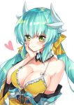  aqua_hair bad_id bad_pixiv_id blush breasts cleavage eyebrows_visible_through_hair fate/grand_order fate_(series) hand_on_own_cheek heart horns japanese_clothes kimono kiyohime_(fate/grand_order) kiyohime_(swimsuit_lancer)_(fate) kuroko_(krgm965) large_breasts long_hair looking_at_viewer low_twintails simple_background smile solo twintails upper_body white_background yellow_eyes 