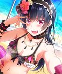  absurdres bangs beach bikini blue_hair blurry blush breasts cleavage day depth_of_field flower hair_bun hair_flower hair_ornament hairband highres jewelry long_hair looking_at_viewer love_live! love_live!_sunshine!! navel necklace open_mouth purple_eyes small_breasts smile solo swimsuit tattoo tipii tsushima_yoshiko 