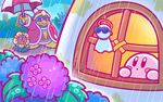  bird blush_stickers commentary_request cool_spook flower hat hydrangea king_dedede kirby kirby_(series) looking_at_another looking_up lovely_(kirby) no_humans official_art penguin rain robe sunglasses teruterubouzu umbrella 