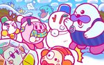  baseball_cap bell blush_stickers bobblehat bow bowtie chilly_(kirby) cloud commentary_request earmuffs frozen hat ice_dragon_(kirby) jitome kirby kirby_(series) mr._frosty no_humans official_art one_eye_closed overalls pengi_(kirby) scarf snow snowman surprised tears waddle_dee walrus 