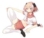  astolfo_(fate) blush braid fate/apocrypha fate/grand_order fate_(series) full_body hair_ribbon hand_on_own_knee highres kei_(soundcross) long_hair looking_at_viewer male_focus midriff otoko_no_ko pink_eyes pink_hair purple_eyes red_sailor_collar red_skirt ribbon sailor_collar school_uniform serafuku simple_background single_braid skirt smile solo thighhighs white_background white_legwear 