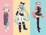  absurdly_long_hair adapted_costume aqua_eyes aqua_hair black_legwear blonde_hair blue_eyes boots bow cosplay costume_switch detached_sleeves green_hair hair_bow hair_ribbon hatsune_miku hatsune_miku_(cosplay) headphones headset hikusa kagamine_rin kagamine_rin_(cosplay) leg_warmers long_hair long_skirt megurine_luka megurine_luka_(cosplay) midriff multiple_girls necktie open_mouth pink_hair ribbon sailor_collar short_hair shorts side_ponytail side_slit skirt sleeveless thigh_boots thighhighs twintails very_long_hair vocaloid 