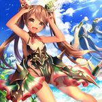  :d alternate_costume arms_up beach brown_eyes brown_hair cloud cloudy_sky day double_v dress grey_hair kantai_collection kiyoshimo_(kantai_collection) koruta_(nekoimo) libeccio_(kantai_collection) long_hair low_twintails multiple_girls ocean open_mouth outdoors sky sleeveless smile sunlight tan teeth twintails v 