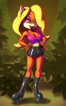  anthro bandicoot blonde_hair boots breasts cleavage clothed clothing crash_bandicoot_(series) crop_top eyelashes eyeshadow female footwear fur green_background green_eyes hair hair_over_eye hands_on_hips hi_res jungle knee_boots makeup mammal marsupial midriff miniskirt navel orange_fur outside pink_lips platform_footwear platform_shoes pose rubber shirt simple_background skirt solo spotlight standing tank_top tawna_bandicoot unknown_artist video_games 