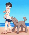  ass beach black_hair blue-framed_eyewear blush brown_eyes coppertone day dog glasses katsuki_yuuri makkachin male_focus male_swimwear open_mouth parody ruei_(chicking) swim_trunks swimsuit_pull swimwear yuri!!!_on_ice 