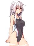  adyisu altair_floone bangs black_swimsuit breasts competition_swimsuit covered_navel cowboy_shot eyebrows_visible_through_hair grey_hair groin hair_between_eyes looking_at_viewer medium_breasts medium_hair older one-piece_swimsuit original red_eyes sidelocks simple_background smile solo standing swimsuit wading white_background white_hair 