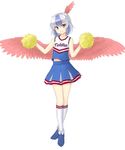  alternate_costume bird_wings blue_hair blush character_name cheerleader closed_mouth commentary_request crossed_legs eyebrows_visible_through_hair full_body head_wings horns isaki_(gomi) kneehighs looking_at_viewer miniskirt multicolored_hair pleated_skirt pom_poms red_eyes red_wings short_hair silver_hair skirt sleeveless smile socks solo standing tank_top tokiko_(touhou) touhou two-tone_hair white_legwear wings 