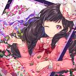  black_hair blush bow flower hat hat_bow hat_ribbon holding holding_flower long_hair looking_at_viewer original pink_bow pink_eyes pink_flower pink_ribbon pink_rose ribbon roo rose smile solo upper_body white_hat 