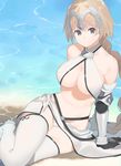  2l_(2lsize) arm_support bare_shoulders blonde_hair breasts commentary_request fate_(series) fur_trim gauntlets grey_eyes headpiece highres jeanne_d'arc_(fate) jeanne_d'arc_(fate)_(all) large_breasts looking_at_viewer navel ocean sitting smile thighhighs white_legwear 