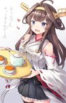  :d ahoge alternate_eye_color bare_shoulders black_skirt black_tea blue_eyes brown_hair cup detached_sleeves double_bun hairband headgear highres holding holding_tray japanese_clothes kantai_collection kongou_(kantai_collection) long_hair nontraditional_miko open_mouth pleated_skirt remodel_(kantai_collection) ribbon-trimmed_sleeves ribbon_trim skirt smile solo tea teacup translated tray wide_sleeves xenonstriker 