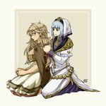  blue_hair brown_hair dl dress effie_(fire_emblem) fire_emblem fire_emblem_echoes:_mou_hitori_no_eiyuuou multiple_girls nun silk_(fire_emblem) simple_background sitting skirt smile veil 