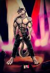  abs anthro barb biceps bleakcat blue_eyes camera clothing digital_media_(artwork) discordnight hair hi_res jewelry knot male muscular necklace pants penis sergal solo standing triceps 