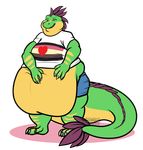  2017 anthro asexual belly big_belly clothed clothing digital_media_(artwork) dragon hair hi_res long_tail male mammal naughtygryph open_mouth overweight overweight_male reptile scales scalie shorts simple_background smile solo tight_top 