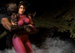  1boy 1girl armor black_hair bodysuit breasts cleavage hug ninja ponytail soul_calibur spandex taki_(soulcalibur) 