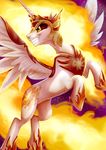  2017 adlynh armor cutie_mark daybreaker_(mlp) equine fangs feathered_wings feathers female feral fire friendship_is_magic grin hair helmet horn jewelry mammal multicolored_hair my_little_pony necklace smile solo spread_wings white_feathers winged_unicorn wings 