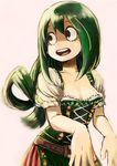  :d asui_tsuyu boku_no_hero_academia breasts cleavage corset dirndl dress german_clothes green_hair hair_rings highres long_hair looking_back low-tied_long_hair open_mouth outstretched_hand puffy_short_sleeves puffy_sleeves reita420 short_sleeves simple_background small_breasts smile solo teeth white_background 