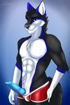  2017 5_fingers abs animal_genitalia animal_penis anthro balls black_fur black_hair black_nose blue_background blue_eyes blue_fur blue_penis body_hair bulge canine canine_penis chest_hair cinta clothing dog erection flookie fur hair hand_on_thigh hi_res husky knot male mammal multicolored_fur muscular penis pose simple_background smile solo standing tight_underwear underwear white_fur 
