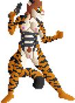  affectos anthro areola breasts button_(disambiguation) digital_media_(artwork) exposed feline female fighting_stance gun hair handgun harness holding_object holding_weapon mammal nipples pistol pixel_(artwork) pubes pussy ranged_weapon smile solo sprite_art standing straps stripes tiger weapon 