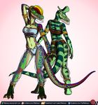  anthro anthrosaurs belly_dancer bra breasts claws clothing deanna_(raphael) digital_media_(artwork) dilophosaurus dinosaur female group hi_res lambeosaurus laura_(raphael) predaguy scalie stripes theropod underwear veil 