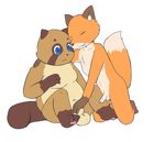  anthro assisted_masturbation balls blue_eyes canine erection eyes_closed fox fruit_(artist) fur grin handjob male male/male mammal moobs orange_fur overweight penis sex simple_background size_difference slightly_chubby smile tanuki white_background 
