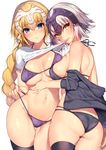  ass bikini bikini_pull black_bikini blonde_hair blue_eyes braid breasts fate/apocrypha fate/grand_order fate_(series) halter_top halterneck headphones jeanne_d'arc_(alter)_(fate) jeanne_d'arc_(fate) jeanne_d'arc_(fate)_(all) large_breasts long_hair looking_at_viewer matarou_(genkai_toppa) mouth_hold multiple_girls navel pulled_by_self purple_bikini shirt short_hair short_sleeves sideboob simple_background stomach string_bikini swimsuit thigh_gap thighhighs very_long_hair white_background white_shirt 