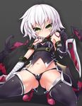  ass ass_visible_through_thighs bandaged_arm bandages bare_shoulders black_legwear black_panties breasts cameltoe cleft_of_venus commentary_request fate/apocrypha fate/grand_order fate_(series) gloves green_eyes jack_the_ripper_(fate/apocrypha) looking_at_viewer navel panties sasamashin scar short_hair silver_hair small_breasts solo spread_legs squatting thighhighs underwear weapon 