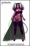 2017 areola armor black_hair breasts cleavage clothed clothing cloven_hooves collar demon female glowing glowing_eyes green_eyes hair hi_res hooves horn humanoid legwear lucien pubes pussy simple_background solo spikes stockings whip white_background yuldasha_(character) 