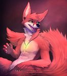  2017 abs alternate_version_available angiewolf anthro blue_eyes canine digital_media_(artwork) ear_piercing fluffy fox fur gem heterochromia jewelry kyden male mammal neck_tuft necklace nude piercing red_fur sitting solo tuft yellow_eyes 