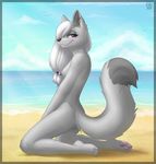  2017 anthro beach blush breasts butt cat digital_media_(artwork) feline female fur grey_fur hair hi_res looking_at_viewer mammal nipples nude purple_eyes sand seaside sidnithefox simple_background smaller_version_at_source smile solo 