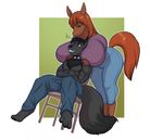  anthro big_breasts breasts canine chair clothed clothing collar duo equine female horse lavenderpandy male male/female mammal mature_female muscular smile 