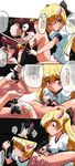  1boy 1girl black_legwear blonde_hair blush cum ejaculation hair_bow hair_ornament long_hair looking_at_viewer parted_lips pov red_eyes smell smelling smile sockjob socks_removed steam translated 