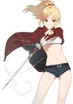 2l_(2lsize) blonde_hair clarent fate/apocrypha fate_(series) green_eyes grin highres long_hair mordred_(fate) mordred_(fate)_(all) navel ponytail short_shorts shorts smile solo sword weapon 