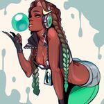  bare_shoulders bent_over braid bubble_blowing chewing_gum dark_skin fingerless_gloves gloves gradient green_legwear headphones highres humanization iida_(splatoon) lips long_hair midriff mole mole_under_mouth multicolored_hair nicole_echeverria short_shorts shorts solo splatoon_(series) splatoon_2 twin_braids zipper 