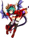  aqua_hair black_legwear boots demon_tail full_body gloves hat highres horns leaning_forward looking_at_viewer red_eyes red_footwear red_hat rukia_moon shinrabanshou shuuha_arutsu smile solo standing sword tail thighhighs transparent_background weapon white_gloves wings 