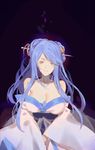  bare_shoulders black_background blue_hair breasts cleavage collarbone copyright_request large_breasts light_smile long_hair looking_at_viewer red_cucumber simple_background solo yellow_eyes 