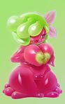  &lt;3 &lt;3_eyes big_breasts blush breasts eyelashes female food_creature gelatin goo_creature green_background green_eyes hair hair_over_eye hi_res huge_breasts humanoid jellily nipples not_furry open_mouth plantpenetrator pussy short_stack simple_background solo voluptuous wide_hips 