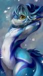  ambiguous_gender big_ears blue_fur cat dragon feline fur horn hybrid kemono looking_at_viewer mammal navel rady-wolf stretching yellow_eyes 