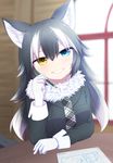  animal_ears black_hair blue_eyes breasts fur_collar giorgio_claes gloves grey_wolf_(kemono_friends) heterochromia highres kemono_friends long_hair long_sleeves looking_at_viewer medium_breasts multicolored_hair necktie pencil smile solo tail two-tone_hair wolf_ears wolf_tail yellow_eyes 