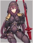  aikanm bangs bodysuit breasts closed_mouth commentary_request copyright_name covered_navel eyebrows_visible_through_hair fate/grand_order fate_(series) gae_bolg hair_between_eyes holding holding_spear holding_weapon kneeling long_hair looking_down medium_breasts polearm purple_hair red_eyes scathach_(fate)_(all) scathach_(fate/grand_order) sidelocks solo spear thighs veil weapon 