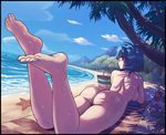  arm_support ass back bag barefoot beach beach_towel bendy_straw bikini_top_removed blue_hair book borrowed_character breasts brown_eyes closed_mouth cloud cocktail coconut commentary day dirty_feet drink drinking_straw dutch_angle feet feet_up food from_behind fruit fruit_cup handbag horizon karbo looking_at_viewer looking_back lotion_bottle lying medium_breasts melon nature nude ocean on_stomach original outdoors palm_tree revision sand shade shadow short_hair smile soles solo starfish sunbathing sunlight toenails towel tree tree_shade wet 